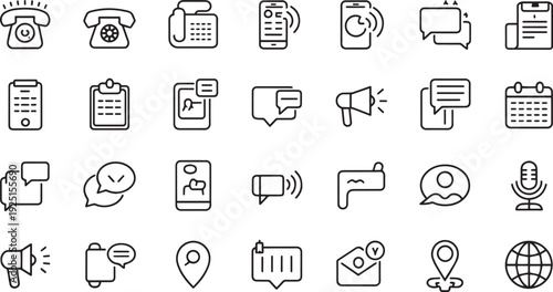 Collection of flat design communication and technology icons isolated on transparent background