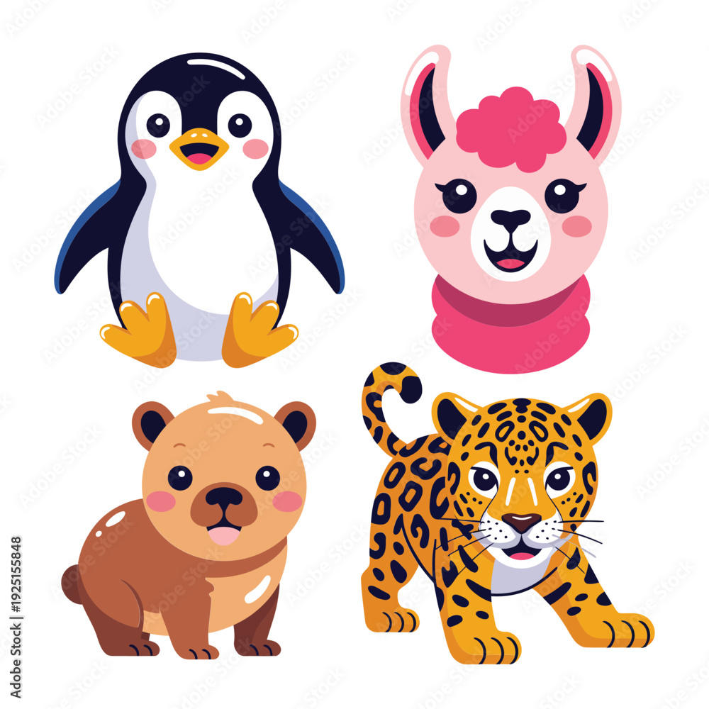 Fototapeta premium Cute animal set with Patagonia penguin, Andean alpaca, playful puppy, jaguar cub for childrens party, classroom decor, zoo event design