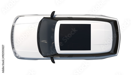 Konstfotografi White SUV with a panoramic sunroof and sleek design, top view, isolated