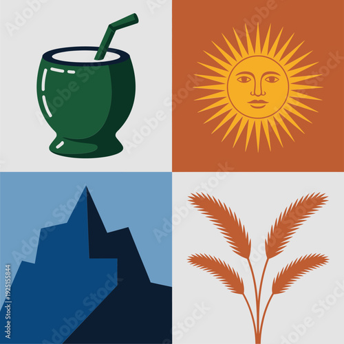 Argentina culture icons with yerba mate gourd, sun emblem, Andes mountain, pampas grass for heritage festival, travel poster, tourism design