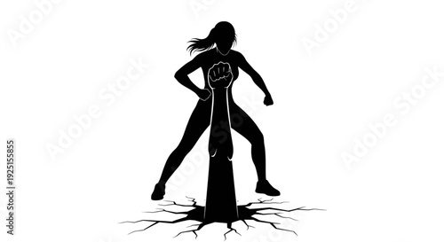 Silhouette of a brave woman standing defiantly against a giant fist emerging from the ground