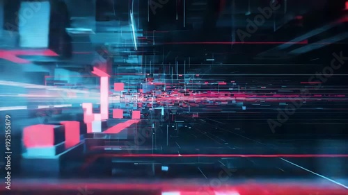Abstract digital corridor with red and blue light streaks forming futuristic data stream