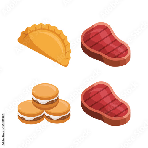 Argentine food icons with grilled steak, empanada pastry, sweet alfajor for asado barbecue event, food festival poster, culinary tourism design