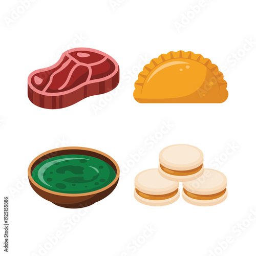 Gourmet Argentinian snack icons with juicy steak, baked empanada, green sauce, milk cookies for culinary festival, recipe blog, kitchen design