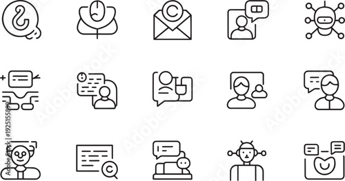 Collection of flat design communication and technology icons isolated on transparent background
