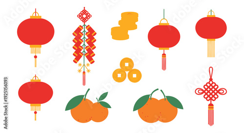 Chinese new year traditional decor elements and fruits set