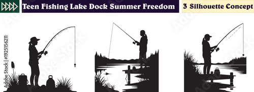 Teenage boy fishing on wooden dock at calm lake during summer sunset freedom and leisure concept