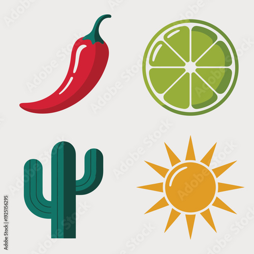 Spicy chili pepper lime cactus and sun icons, mexican summer fiesta vector for taco festival, cinco de mayo party
