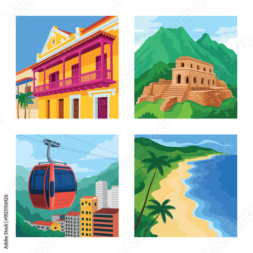 Latin America travel landscape set with colonial city, mountains, cable car and beach, tourism vector for vacation poster and brochure