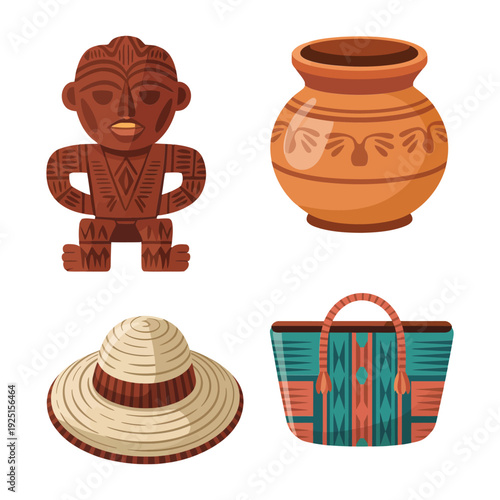 Folk statue decorated clay pot sombrero and woven bag, latin heritage vector for folk art fair and museum exhibition poster