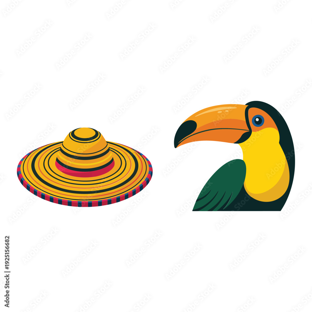 Fototapeta premium Toucan bird head and woven sombrero illustration for summer travel poster, tropical fiesta event, wildlife education, latin holiday design