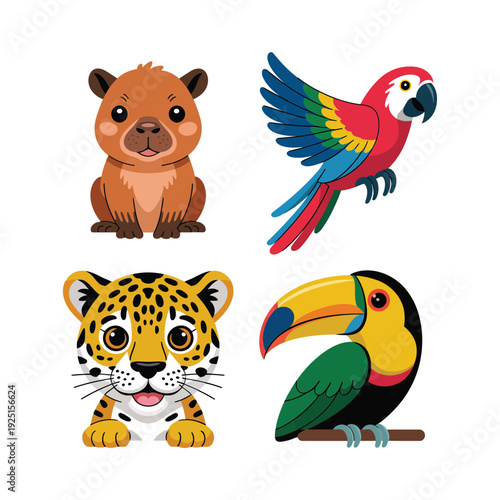 Amazon rainforest animals illustration set with capybara, flying parrot, jaguar cub, perched toucan for conservation campaign, school project, festival design
