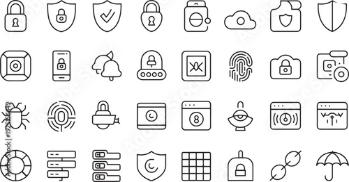 Collection of flat design security technology and internet related icons isolated on transparent background