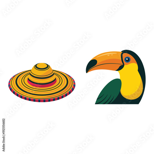 Toucan bird head and woven sombrero illustration for summer travel poster, tropical fiesta event, wildlife education, latin holiday design
