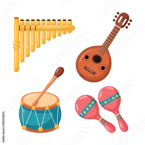 Peruvian folk band instrument collection with pan flute, drum, mandolin and maracas, fiesta party poster, cultural music design illustration