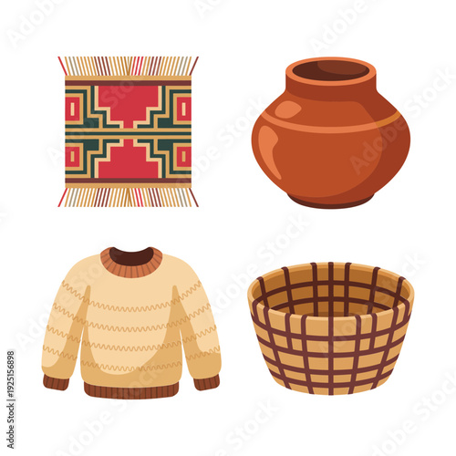 Andean handicraft icon set with woven textile, clay pot, warm sweater and straw basket, Peru artisan market design illustration