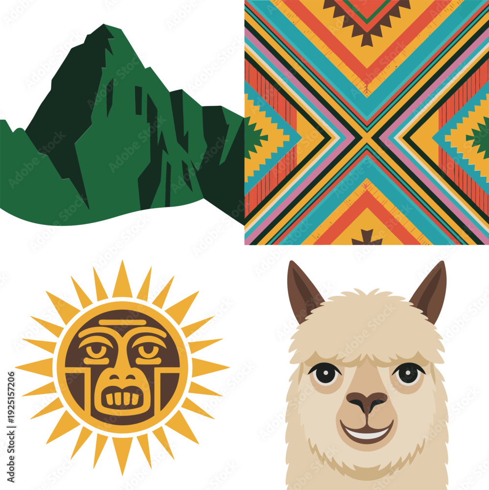 Fototapeta premium Andean culture icons with alpaca portrait, sun symbol, mountain landscape and geometric textile, South American travel heritage illustration set