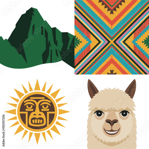 Andean culture icons with alpaca portrait, sun symbol, mountain landscape and geometric textile, South American travel heritage illustration set