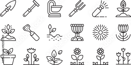 Collection of gardening tools and plant growth stages isolated on transparent background