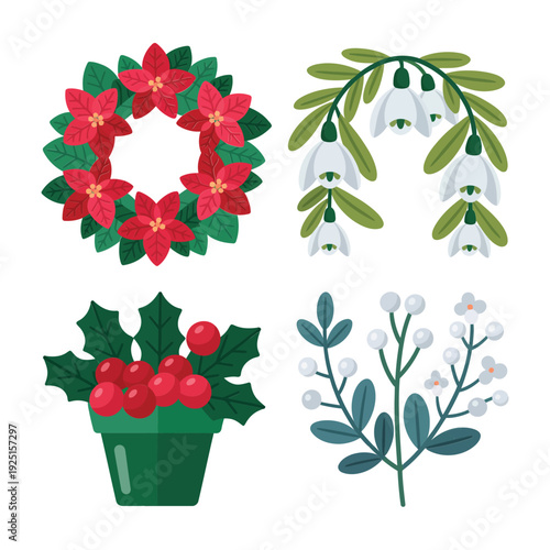 Mistletoe wreath and sprigs with holly pot and frosty eucalyptus, elegant winter foliage icons for invitations and packaging design projects