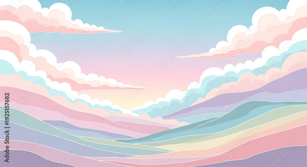 Fototapeta premium Whimsical Pastel Dreamscape: Soft Clouds Floating Over Layered Mountains at Sunrise