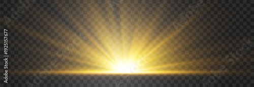 Golden sun rising from the horizon with blinding light rays isolated on transparent background, sunrise or sunset vector illustration