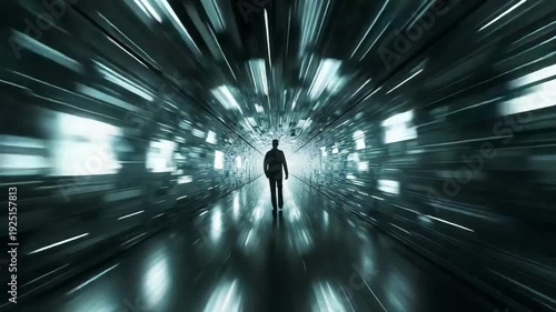 Silhouette of person walking through illuminated futuristic tunnel with streaking light panels