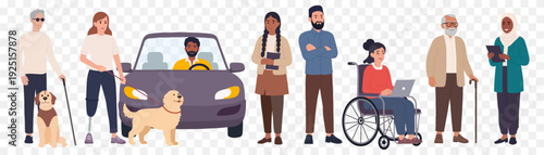 Diverse group of people with disabilities and elderly characters isolated on transparent background, inclusion and diversity concept vector illustration