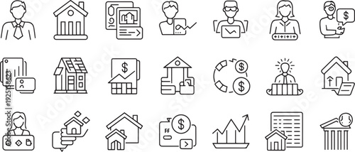 Collection of hand drawn real estate and finance icons isolated on transparent background