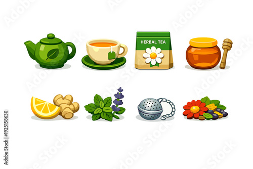 Collection of herbal tea ingredients and accessories for a healthy beverage