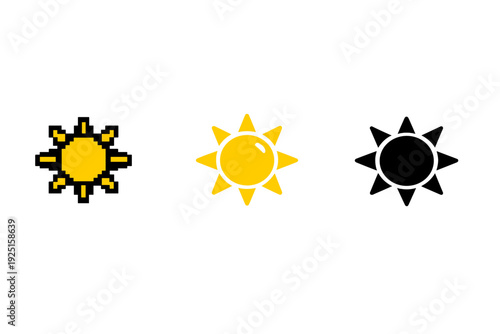 Three sun icons in different styles: pixel art, flat design, and silhouette