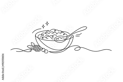 Minimalist line art of a bowl of cereal with berries and a spoon, perfect for healthy eating themes