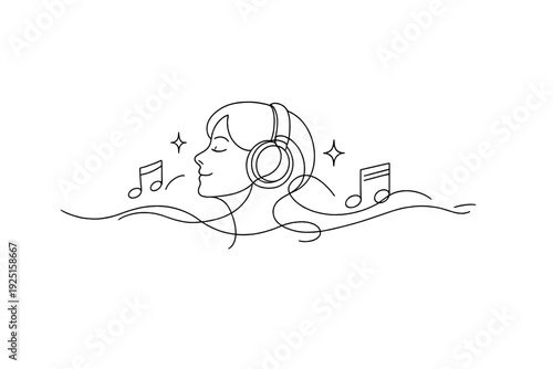 Minimalist line art of a woman enjoying music with headphones and musical notes