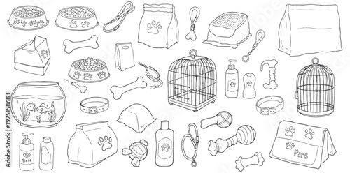 A collection of pet supplies and accessories in a simple line drawing style silhouette