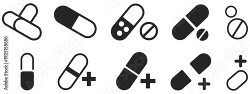 Capsule Glyph Pill Icons Set, Medical Capsule Pictogram Black Silhouette Medicine Pharmaceutical Drug Symbol Vector Isolated Design