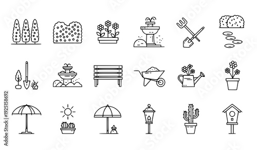 Minimal Landscaping and Gardening Vector Icons – Pixel Perfect Thin Line Illustrations