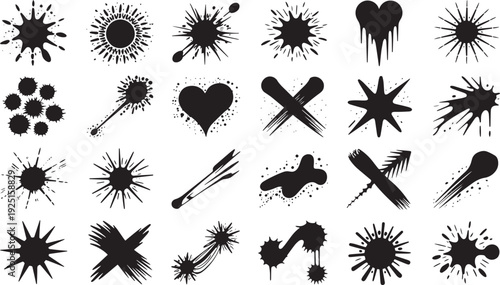 Collection of hand drawn splatter ink explosion shapes and decorative elements isolated