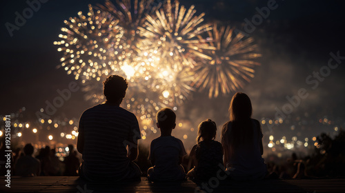 A family watching fireworks together at night ,Chiness New Year, photo style