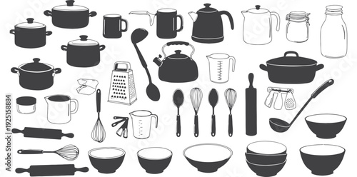 A collection of kitchen utensils and cookware in silhouette mode