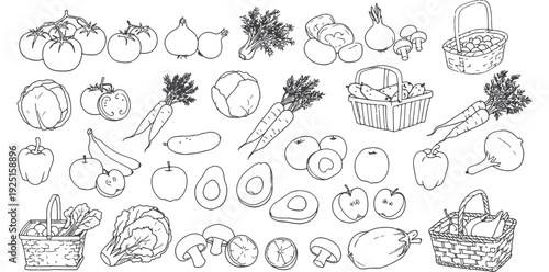 A black and white illustration of various fruits and vegetables with baskets silhouette