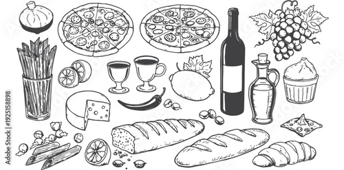 A black and white illustration of various food and drink items arranged on a table silhouette