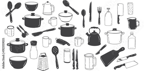 A collection of kitchen utensils and cookware in a simple line drawing style silhouette