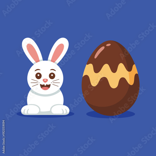 Easter bunny and chocolate egg illustration on blue background, spring holiday greeting card, children party decoration vector design template element