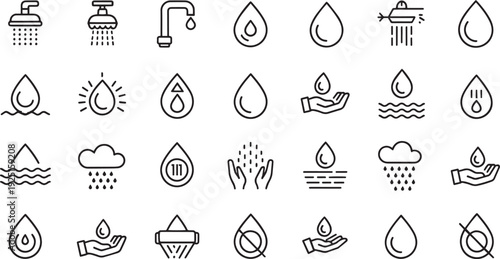Collection of hand drawn water related icons and symbols isolated on transparent background