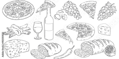 A black and white illustration of various food items and wine on a table silhouette
