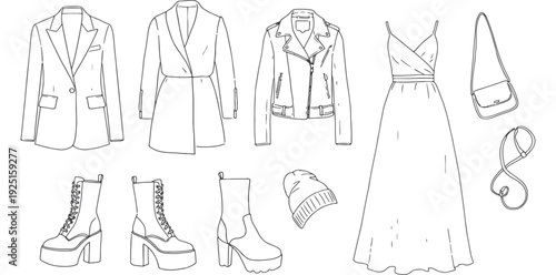 A collection of fashion items including coats, dresses, boots, and accessories in silhouette mode