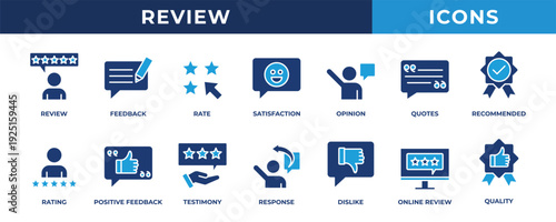 Review icon sets. Contains blue icons related to feedback, rate, quality, testimonials, recommendations, and more.