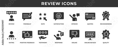 Review icon sets. Contains solid icons related to feedback, rate, quality, testimonials, recommendations, and more.