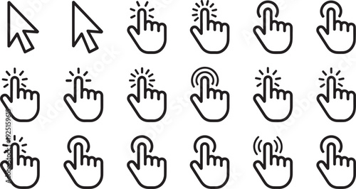 Collection of hand gesture icons with fingers pointing in various directions isolated