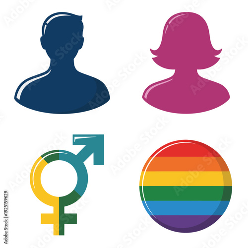 Inclusive gender identity icons with man silhouette, woman silhouette, combined symbol, rainbow circle for pride materials, awareness poster, community design